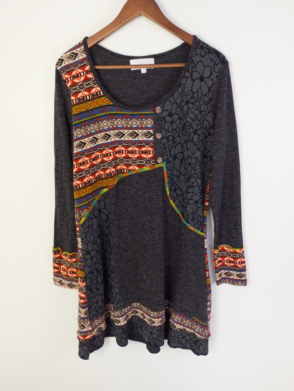 Eska Design Boho Patchwork Long Sleeve Knit Tunic Top Dark Gray XL